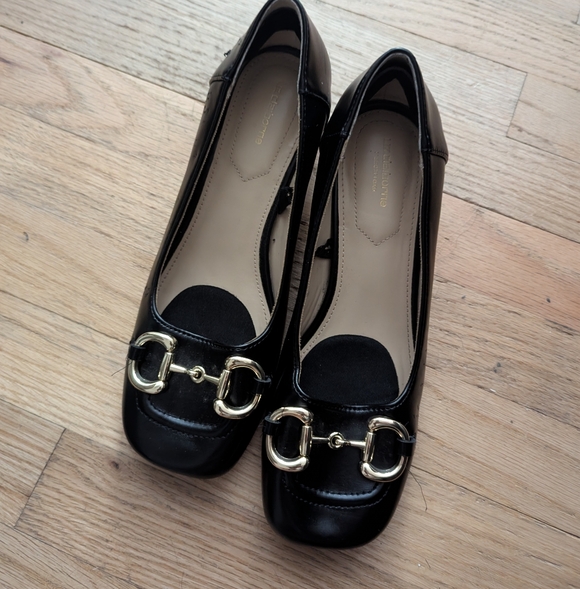 Liz Claiborne Black Patent Loafers 7.5 Gold Horsebit Square Toe Low Heel. #D1 - Picture 2 of 6